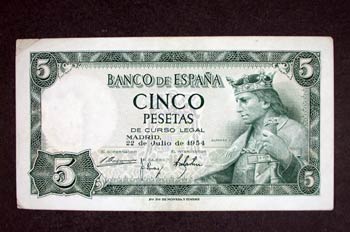 Anverso de un billete de cinco pesetas acuñado por el Banco de E
