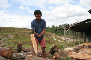 Cortando leña, Batak, Sumatra, Indonesia
