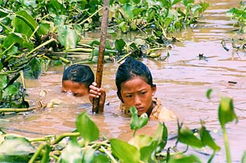 Niños trabajando abriendo sendas para barcos-taxi en el Tonlé Sa