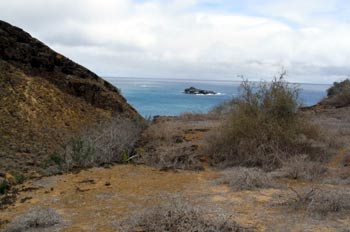 Paisaje árido de toba volcánica en Punta Pitt en la Isla San Cri