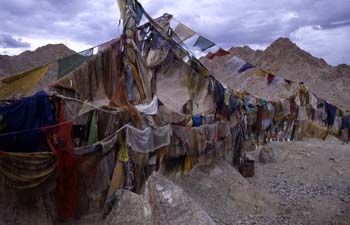Banderas de oración lanzando plegarias al aire, Ladakh, India