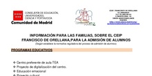 INFORMACIÓN PARA LAS FAMILIAS, SOBRE EL CEIP FRANCISCO DE ORELLANA, PARA LA ADMISIÓN DE ALUMNOS