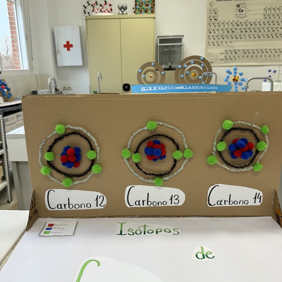 Maqueta de los isótopos del carbono según el modelo atómico de Bohr