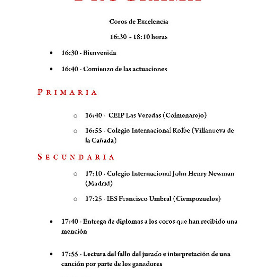 Programa del acto de clausura del XIV Concurso de Coros Escolares de la Comunidad de Madrid 3