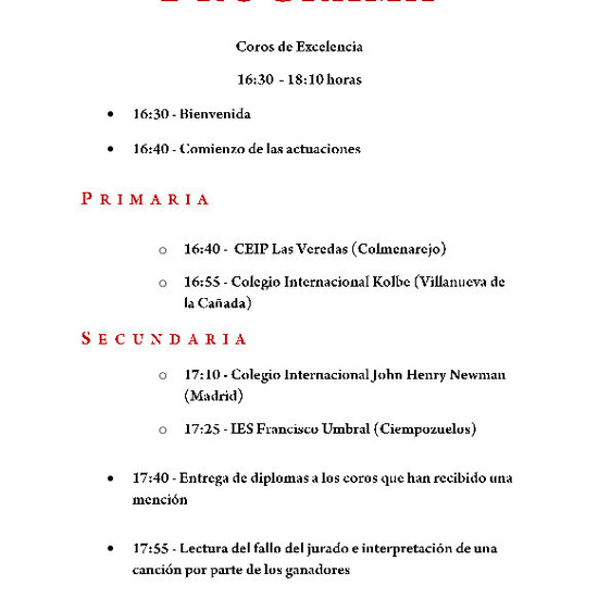 Programa del acto de clausura del XIV Concurso de Coros Escolares de la Comunidad de Madrid 3