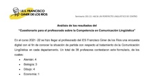 Informe cuestionario al profesorado sobre la Competencia en Comunicación Lingüística