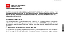 Instrucciones de las Viceconsejerías de política educativa y ciencia y de Organización educativa de 5 de julio de 2019, sobre el comienzo del curso escolar 2019-2020 en centros docentes públicos no universitarios de la Comunidad de Madrid.
