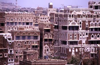 Edificaciones en la ciudad vieja de Sanaa, Yemen