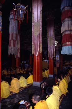 Monjes durante una ceremonia religiosa en el Monasterio de Rumte