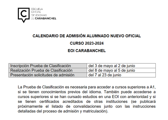 Calendario admisión