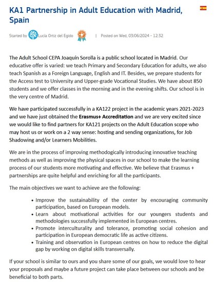 Anuncio en EPALE en inglés