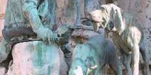 Estatua de cazadores en la plaza del Castillo de Buda, Budapest,