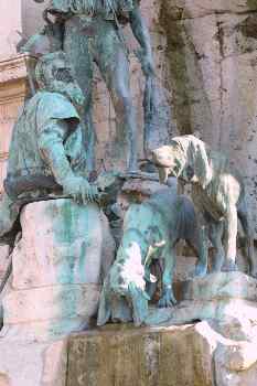 Estatua de cazadores en la plaza del Castillo de Buda, Budapest,