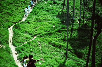Personas caminando en la Favela Horizonte Azul, Sao Paulo, Brasi