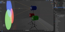 Animación y renderizado de escena de focos de colores primarios en Blender 
