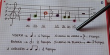 Repaso de notas musicales, figuras y líneas divisorias en un compás de dos tiempos.