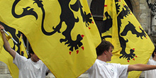 El León de Flandes, la bandera en un ensayo, Brujas, Bélgica