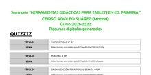 Seminario “HERRAMIENTAS DIDÁCTICAS PARA TABLETS EN ED. PRIMARIA”  CEIPSO ADOLFO SUÁREZ (Madrid) Curso 2021-2022 Recursos digitales generados
