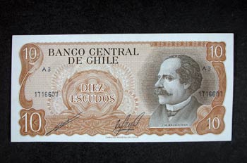 Anverso de un billete de diez escudos chilenos