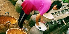 Joven laosiana preparando vino de arroz, Laos