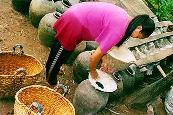 Joven laosiana preparando vino de arroz, Laos