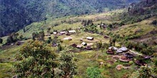 Vista cenital de poblado lani con iglesia en el centro, Irian Ja