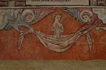 Grabado representación del alma llevada al cielo por ángeles, Hu