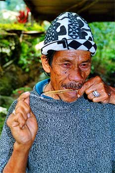 Músico haciendo sonar un arpa de boca, Sulawesi, Indonesia