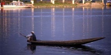 Barquero en el lago Dal de Srinagar, Jammu y Cachemira, India
