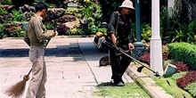 Operarios limpiando Palacio, Bangkok, Tailandia