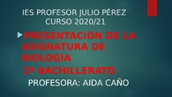 PRESENTACIÓN ASIGNATURA DE  BIOLOGÍA 2º BACH