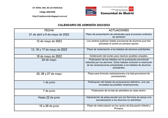Calendario de admisión 22-23