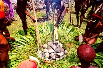 Creación de horno de piedras, Irian Jaya, Indonesia