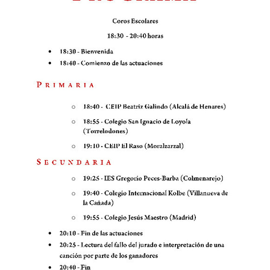 Programa del acto de clausura del XIV Concurso de Coros Escolares de la Comunidad de Madrid 1