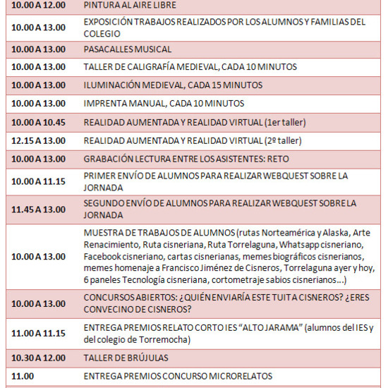 Horario Jornada Intercentros V centenario Cisneros