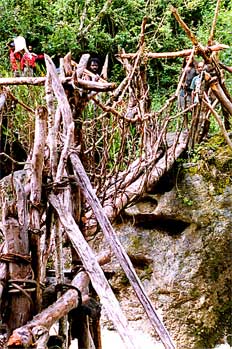 Puente sencillo sobre río, Irian Jaya, Indonesia
