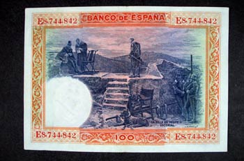Reverso de un billete de cien pesetas acuñado por el Banco de Es