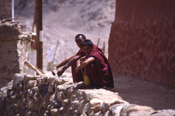 Monjes descansando en el gompa de Phyang, Ladakh, India