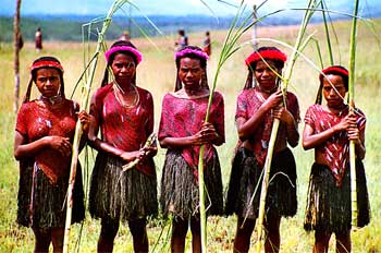 Jóvenes mujeres con varas de adorno, Irian Jaya, Indonesia
