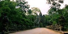 Carretera camboyana con hidras apostadas a los lados, Camboya