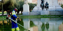 Trabajos de jardinería en la Plaza de España, Madrid