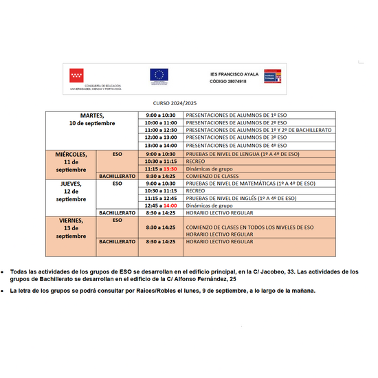 Horario de inicio de curso 24-25