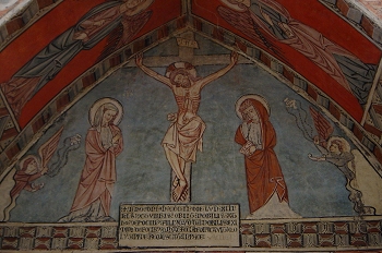 Grabado del calvario con la Virgen y San Juan, Huesca
