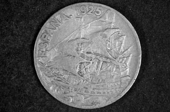 Reverso de una moneda de veinticinco céntimos de peseta, 1925