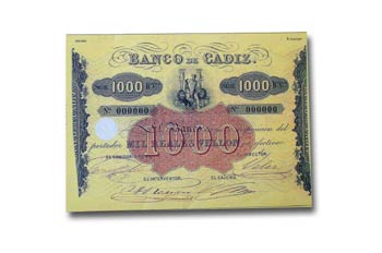 Anverso de mil reales emitido por el Banco de Cádiz