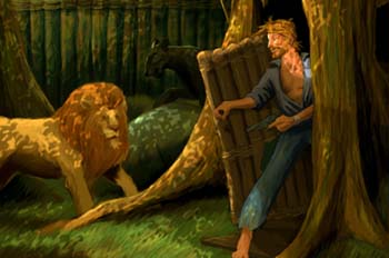 Escuela de Robinsones: Godfrey enfrentándose con un león