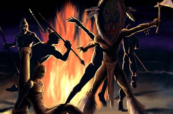 Escuela de Robinsones: Indígenas danzando alrededor de una hogue