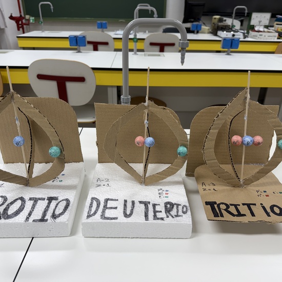 Maqueta de los isótopos del hidrógeno según el modelo atómico de Bohr