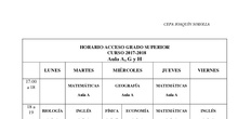 Horario Acceso a Ciclos Formativos de Grado Superior 2017/18