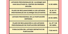 Calendario de Admisión curso 26-27
